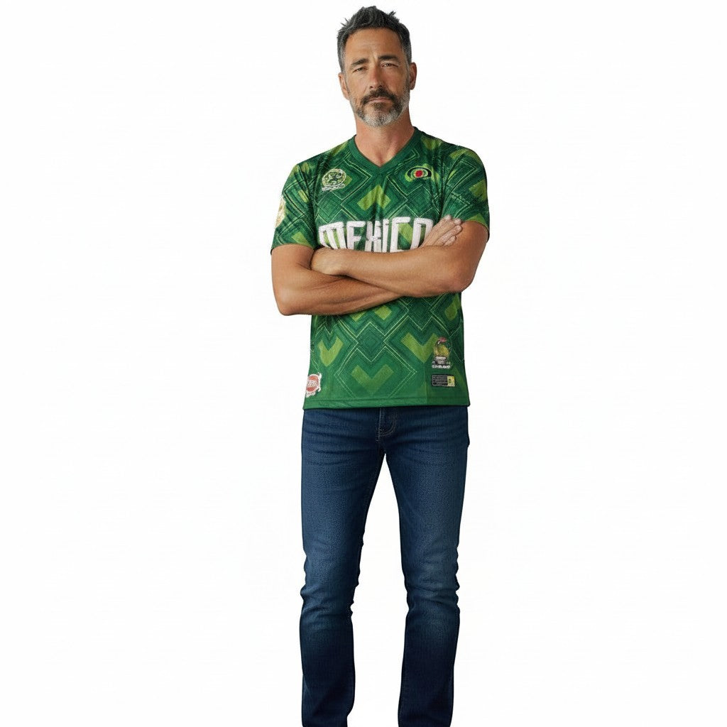Throwback Rack green Mexico 1990 World Cup soccer jersey with geometric pattern and MEXICO text across chest.