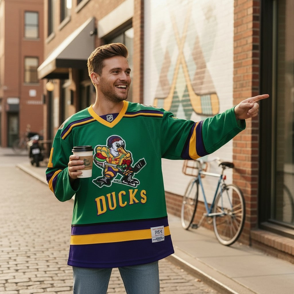 Throwback Rack green Mighty Ducks hockey jersey with purple and gold accents, featuring the Ducks logo and Goldberg 33 on the back.