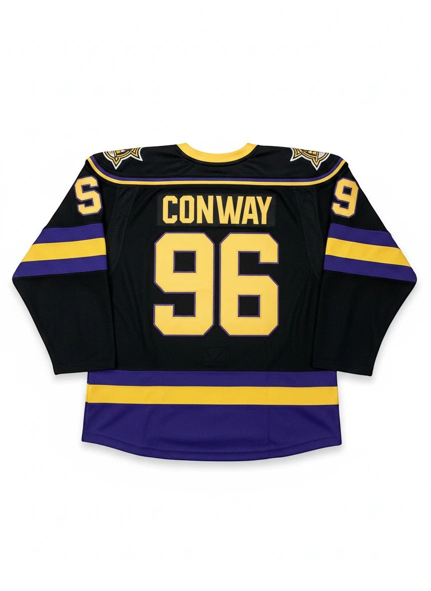 Throwback Rack The Mighty Ducks black hockey jersey with yellow numbers 96 and Conway on the back, purple and yellow stripes.