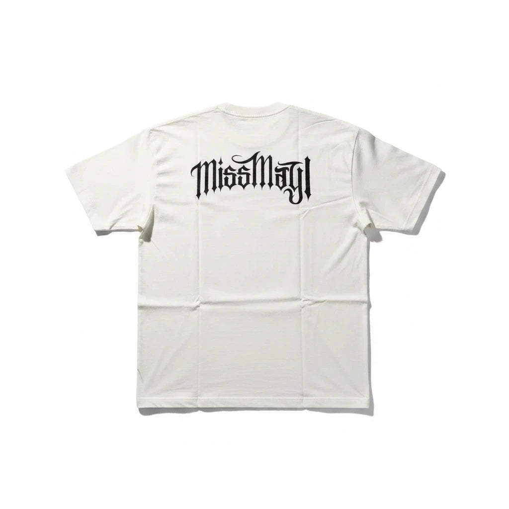 Throwback Rack white cotton crewneck t-shirt featuring the black Miss May I gothic band logo on the back
