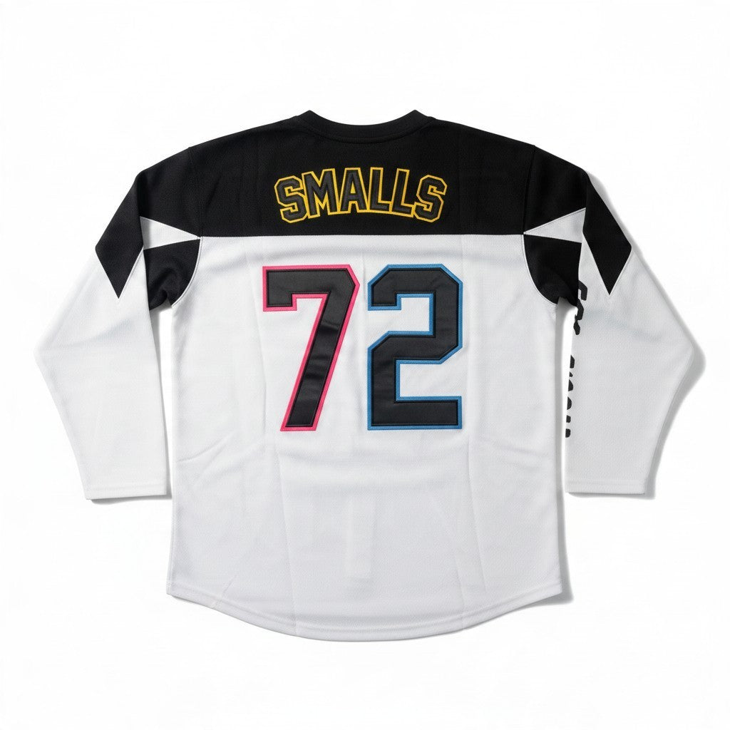 Throwback Rack Notorious B.I.G. hockey jersey in white with black shoulders, number 72, and Smalls lettering on back.