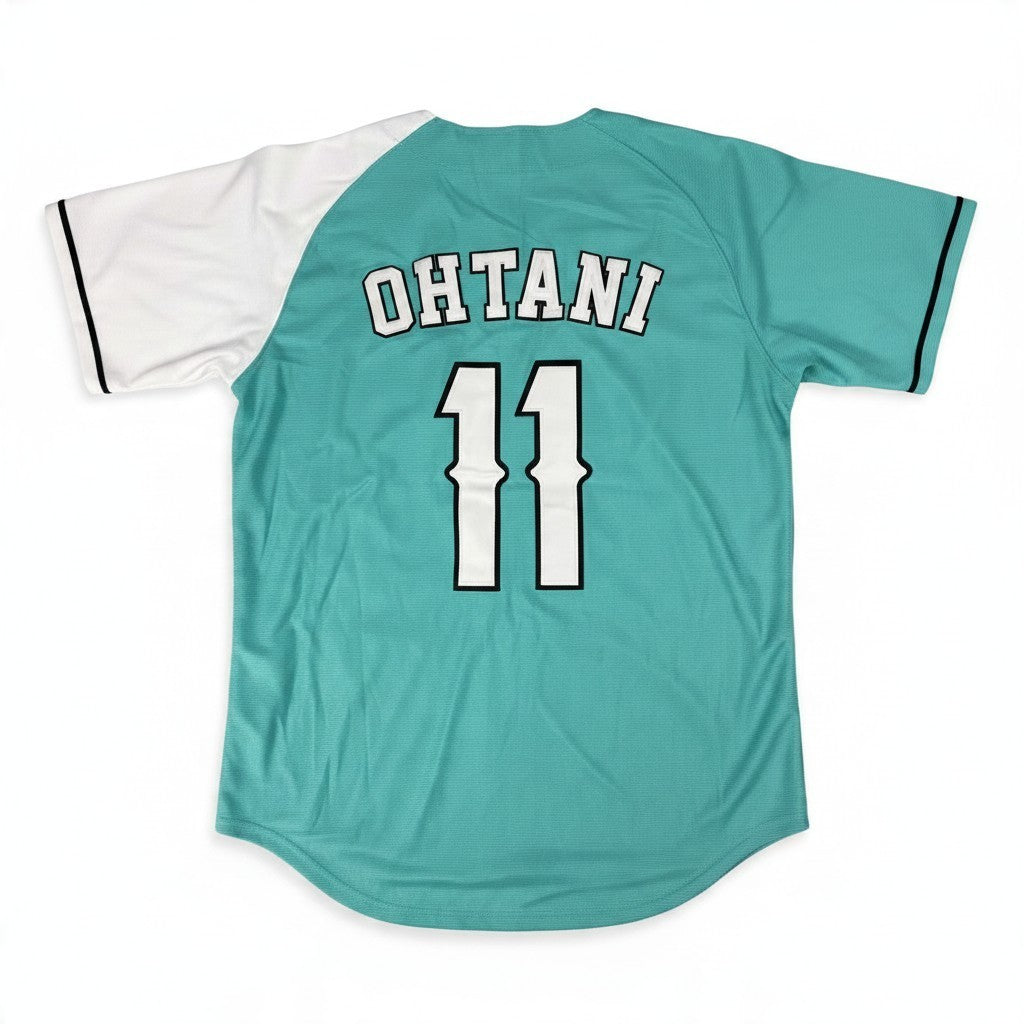 Throwback Rack Shohei Ohtani Hokkaido baseball jersey in teal and white with number 11 on the back