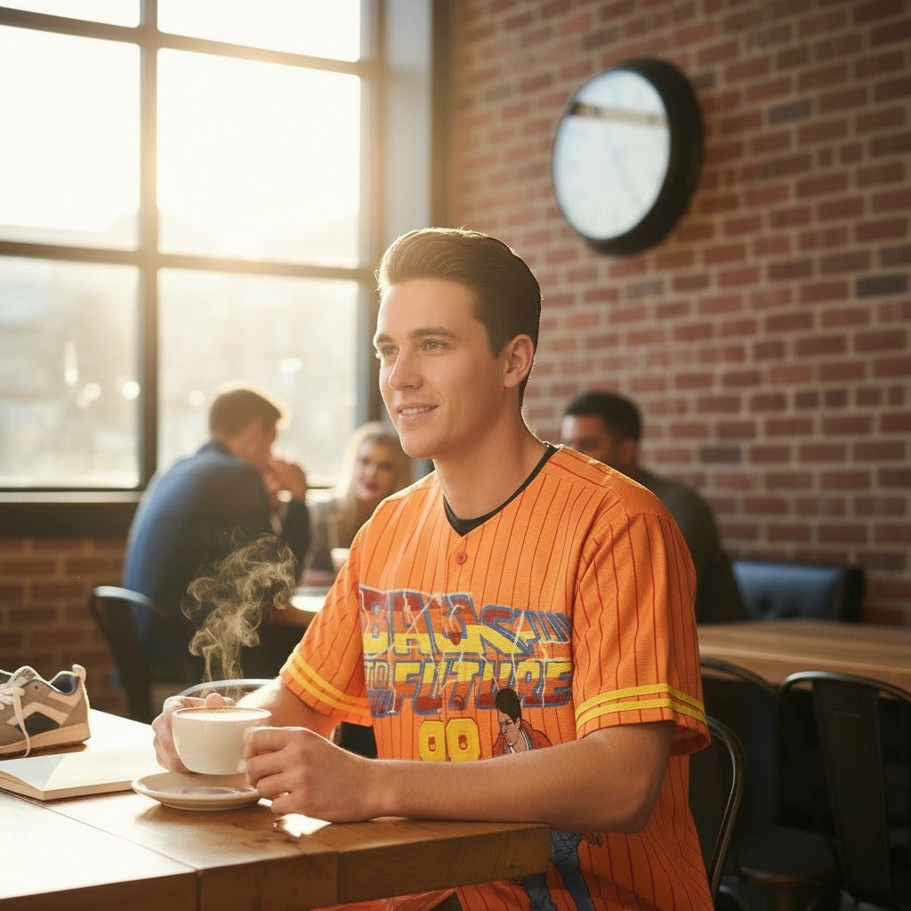 Throwback Rack orange pinstripe baseball jersey with "Back to the Future" graphic and Marty McFly on skateboard.