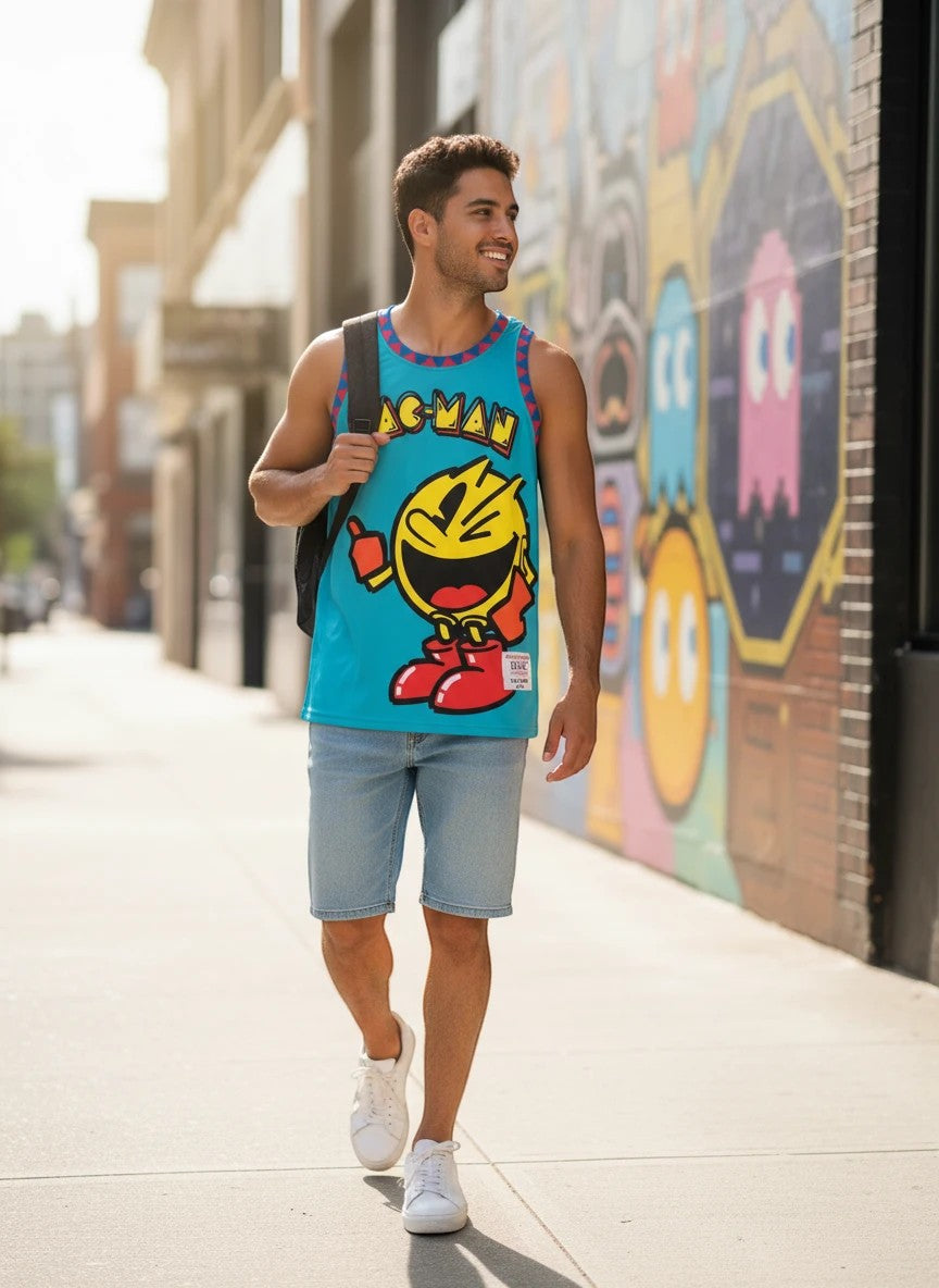 Throwback Rack Pac-Man teal graphic basketball jersey with red and blue trim. Features iconic Pac-Man character and logo.