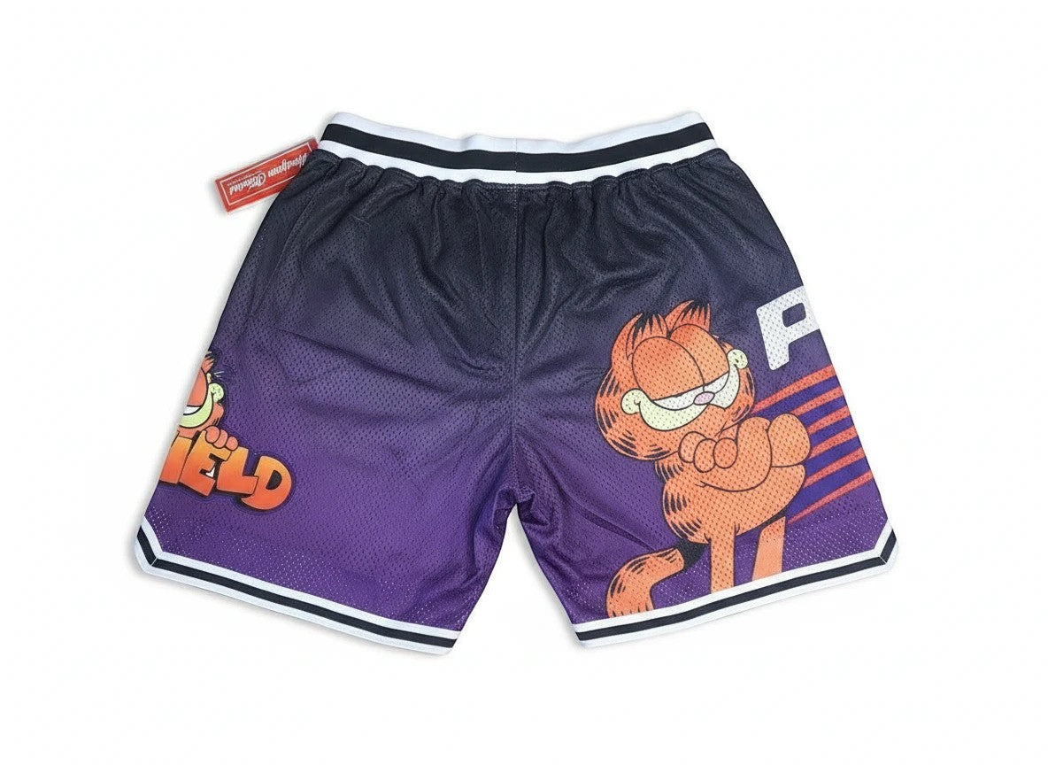 Throwback Rack Phoenix Suns Garfield basketball shorts in purple and black gradient mesh with graphic character print.