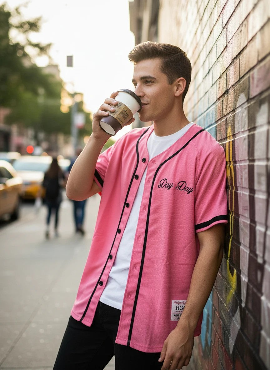 Throwback Rack pink baseball jersey with black piping and sleeve stripes, featuring "Day Day" script on front.