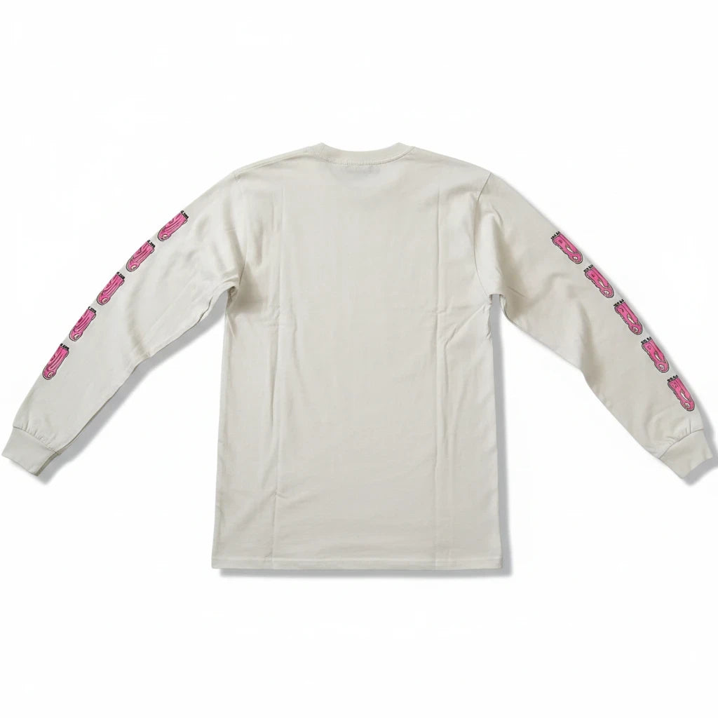 Throwback Rack cream long sleeve t-shirt with pink graphic branding on the sleeves, back view.