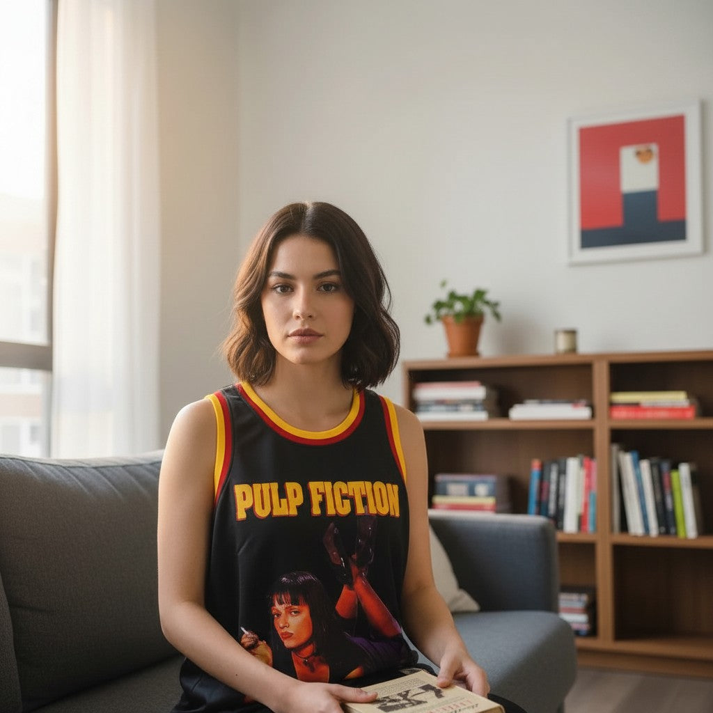 Throwback Rack black Pulp Fiction Mia Wallace basketball jersey with yellow and red trim, size XL.
