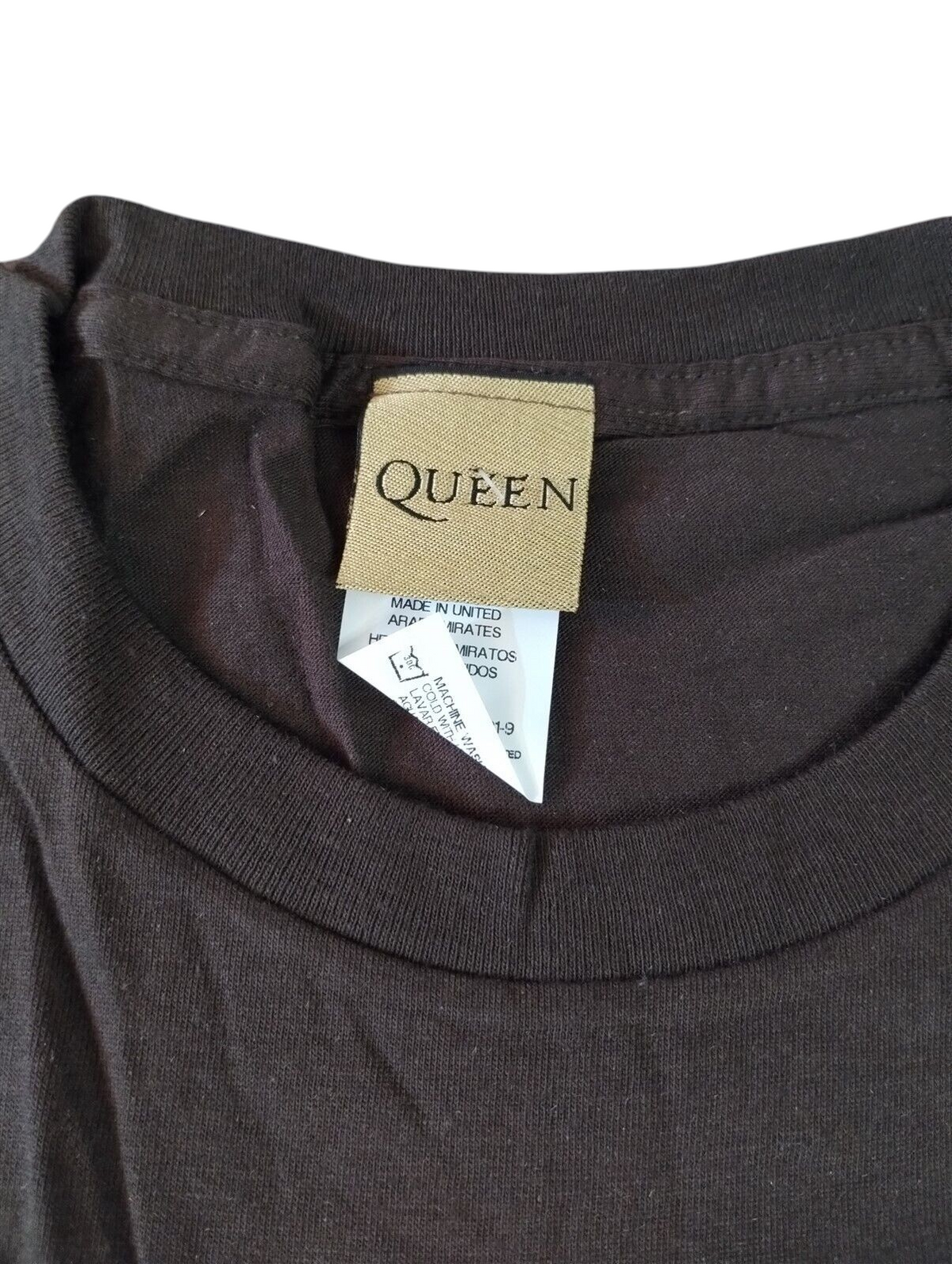 Throwback Rack charcoal-brown Queen band t-shirt with vintage woven neck label