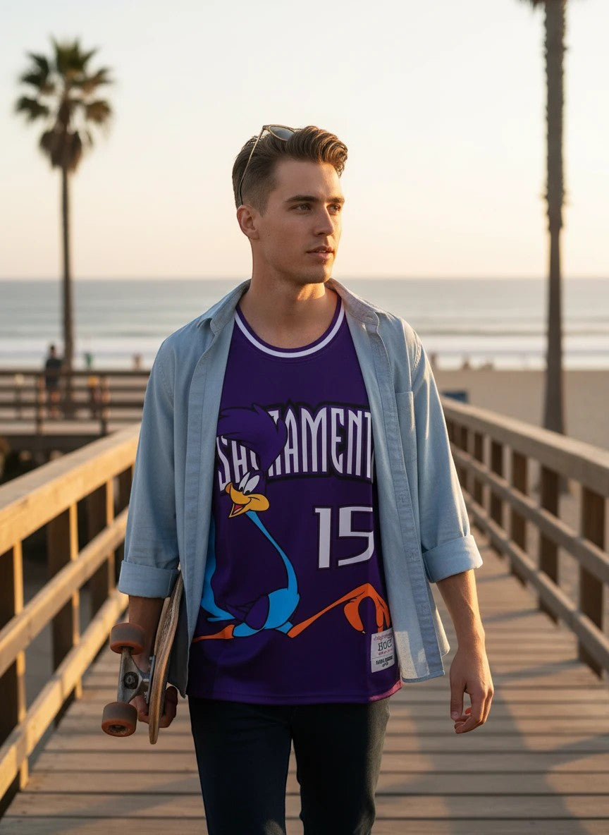 Throwback Rack purple Sacramento Kings Road Runner basketball jersey with number 15 on front and back.