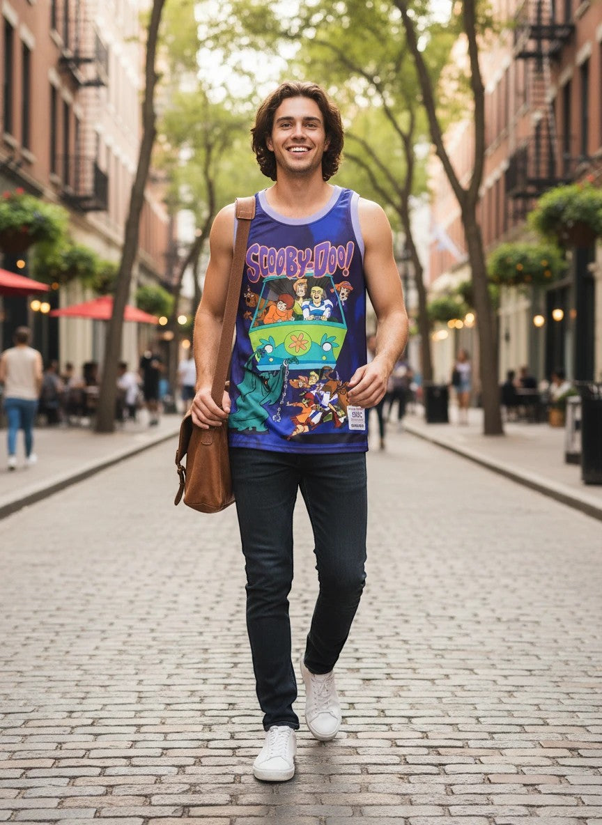 Throwback Rack Scooby-Doo basketball jersey with full-print graphic of the gang and Mystery Machine on purple tie-dye mesh.