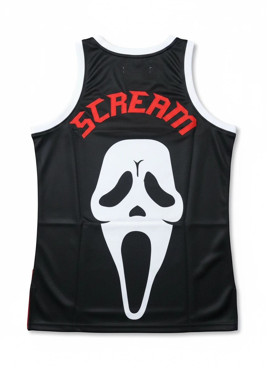 Throwback Rack black polyester basketball jersey featuring the iconic white Ghostface mask and red SCREAM logo.