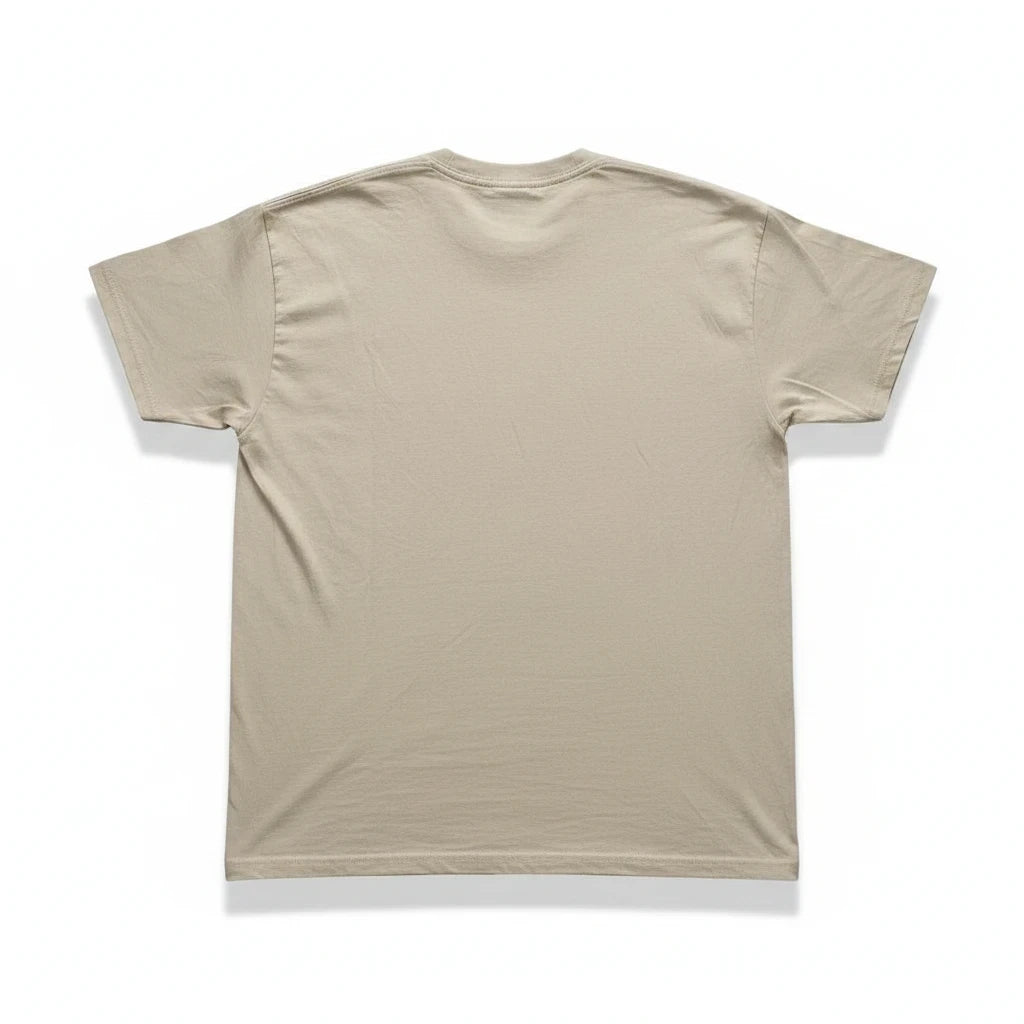 Throwback Rack tan cotton crew neck t-shirt, back view of a plain neutral-colored band merchandise tee.