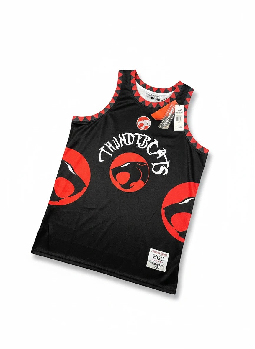 Throwback Rack THUNDERCATS black polyester basketball jersey with red trim and embroidered graphics, size XL.