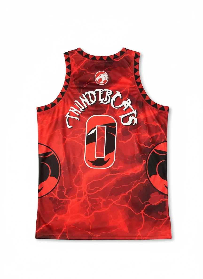 Throwback Rack Thundercats red basketball jersey with lightning print, "THUNDERCATS" logo, and Thundercat head graphics.