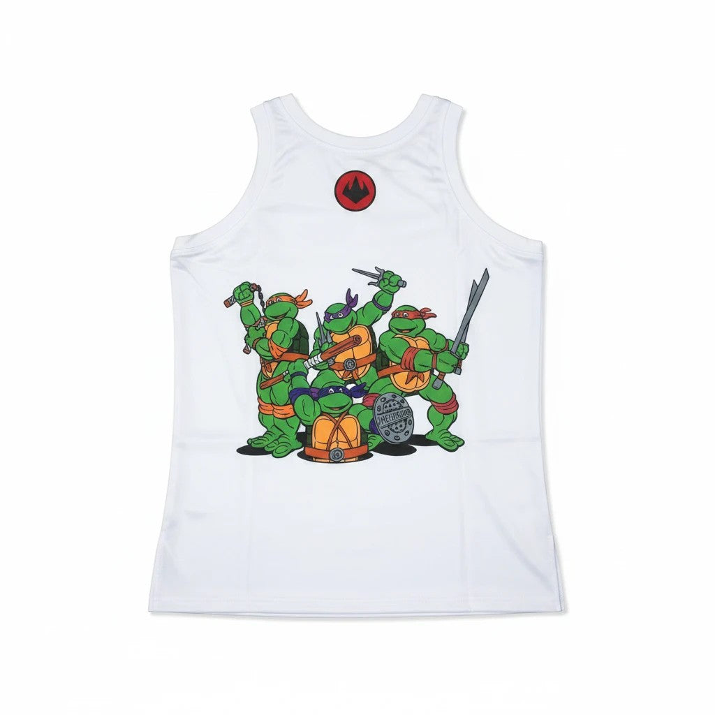 Throwback Rack white sleeveless tank top featuring vibrant Teenage Mutant Ninja Turtles graphic print
