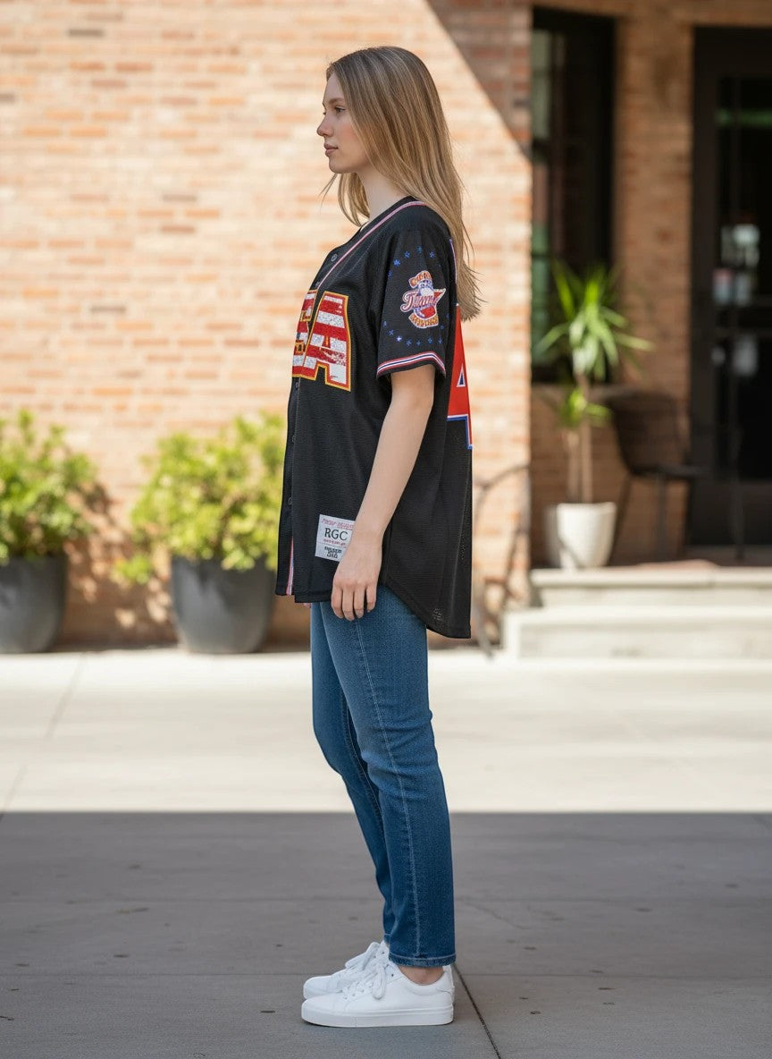 Throwback Rack black mesh baseball jersey with USA flag graphic, Trump 45 lettering, and patriotic patches.