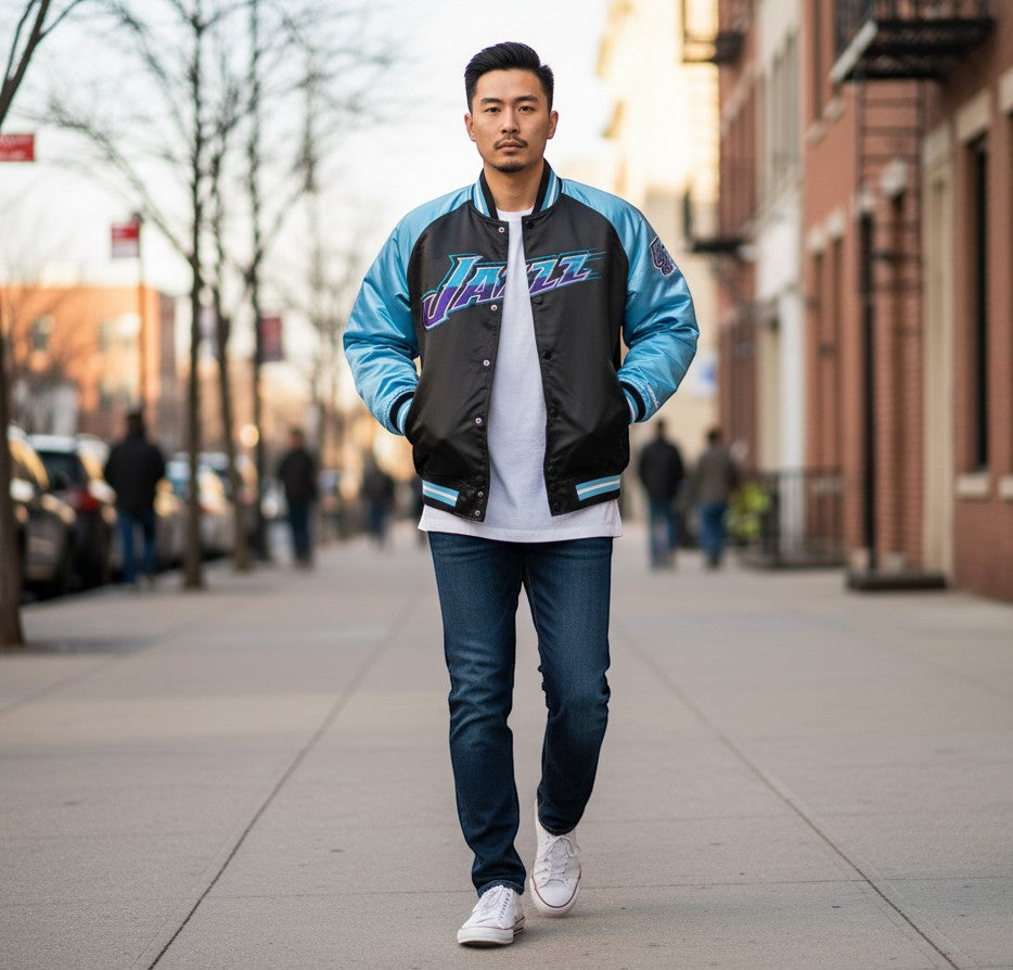 Throwback Rack Utah Jazz satin bomber jacket with embroidered logo and light blue sleeves. Features custom patches and striped cuffs.