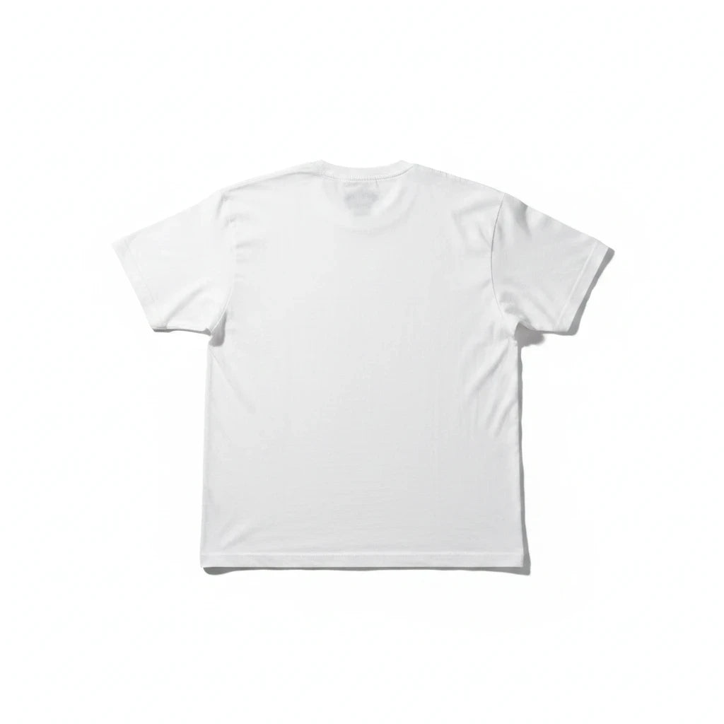Back view of a plain white Throwback Rack crewneck t-shirt made of soft cotton with a relaxed oversized fit.