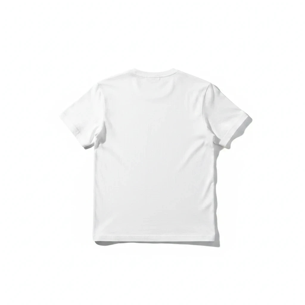 Back view of a plain white Throwback Rack cotton crewneck t-shirt in pristine condition