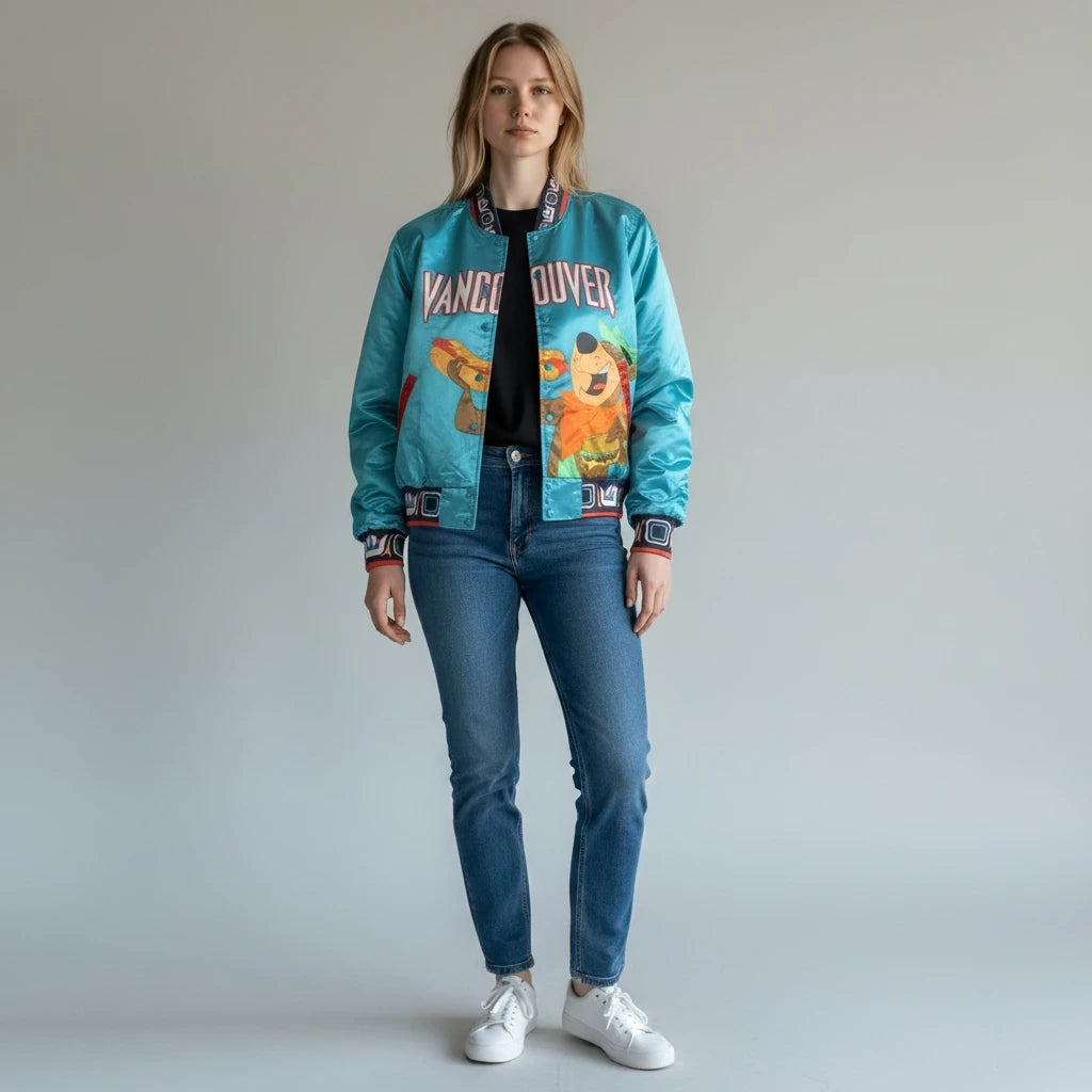 Throwback Rack satin bomber jacket featuring Yogi Bear and Vancouver graphics, worn by a model with jeans.