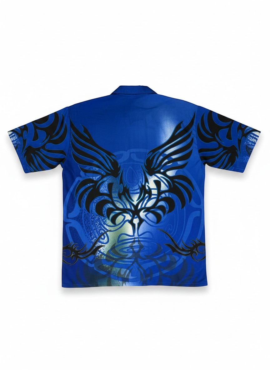 Throwback Rack blue short-sleeve button-up shirt with black tribal wing design and circular patterns.
