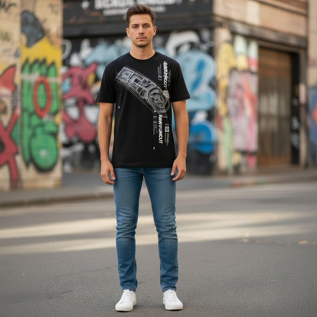Throwback Rack Ecko UNTLD black cotton t-shirt with Y2K graphic print and text details. Model wears jeans and sneakers.