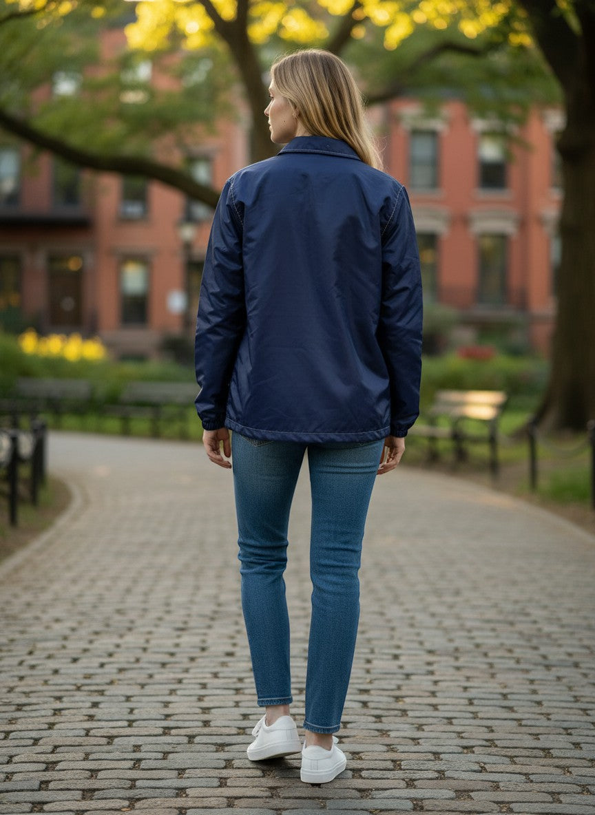 Throwback Rack: Navy blue Levi's Merritt Surf windbreaker jacket with white stitching, worn by a woman in jeans and white sneakers.