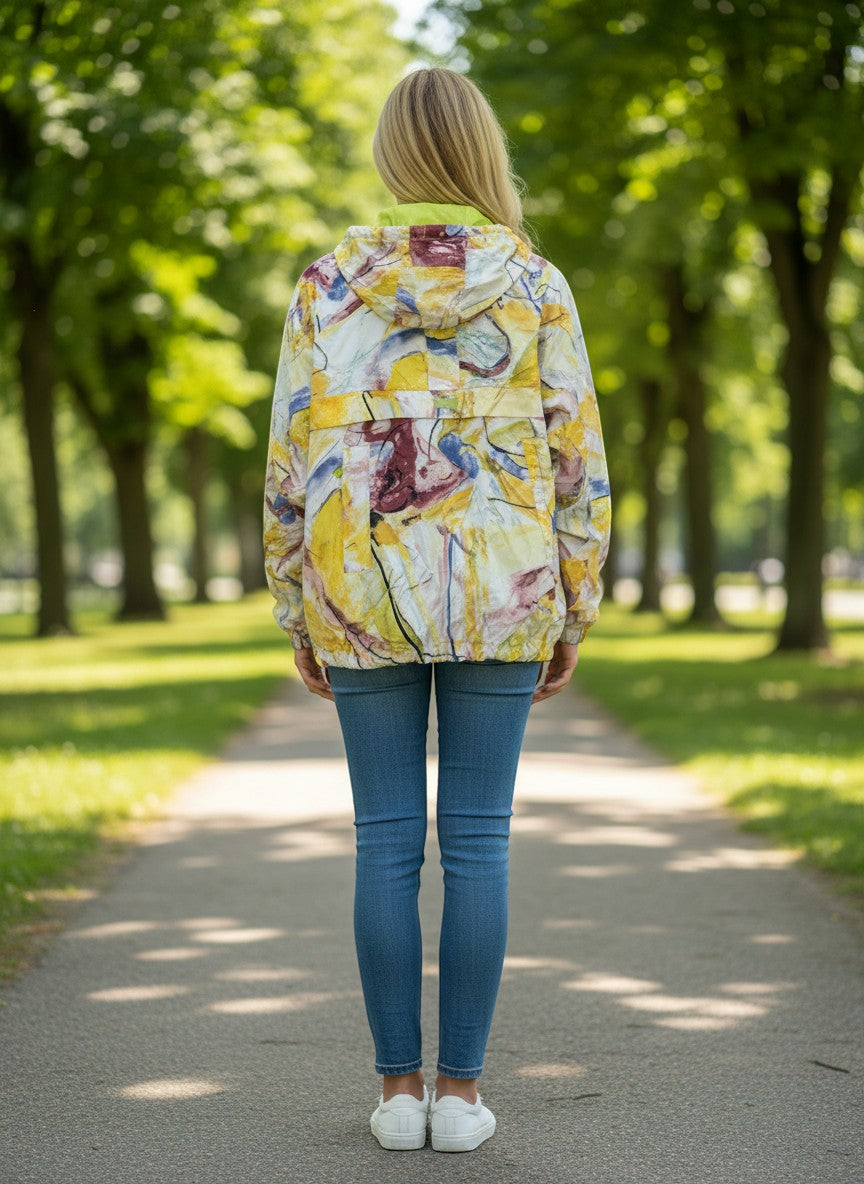Throwback Rack: Woman wearing a colorful abstract print Levi's Stockton Anorak 1/2 Zip Wind Breaker with a neon green hood.