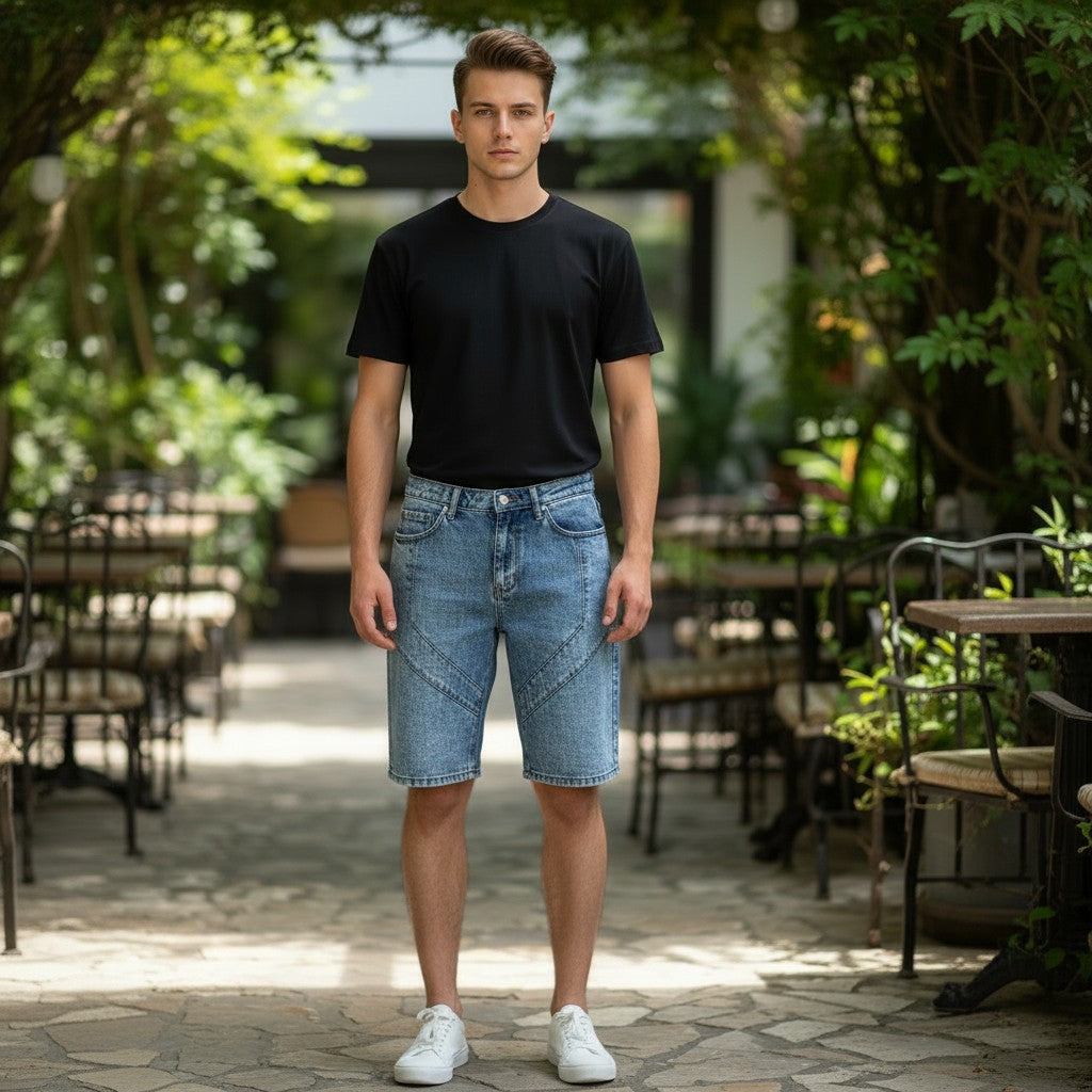 Light wash denim Worior jorts from Throwback Rack with a 12-inch inseam and unique panel stitching. Model wears them with a black t-shirt and white sneakers.