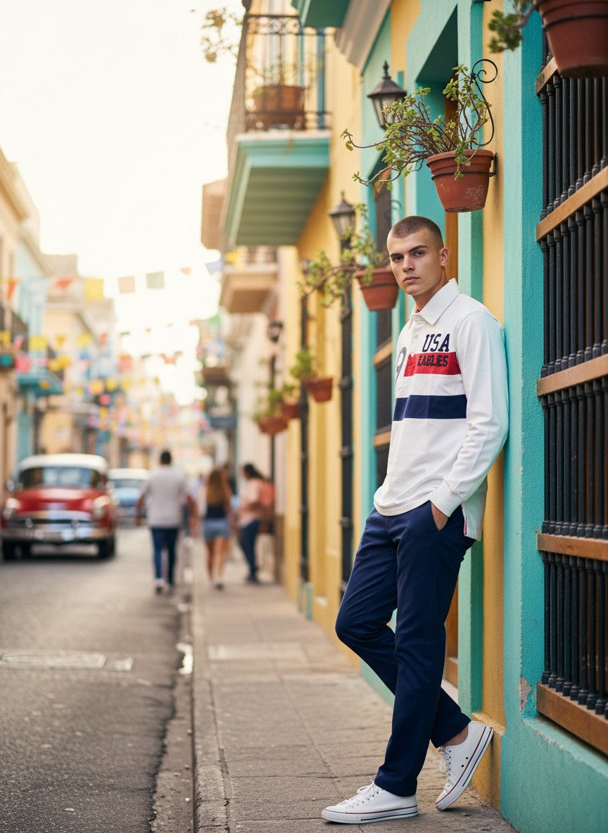 Throwback Rack USA Canterbury white long-sleeve rugby polo shirt with navy and red stripes, featuring "USA EAGLES" and "9" graphic.