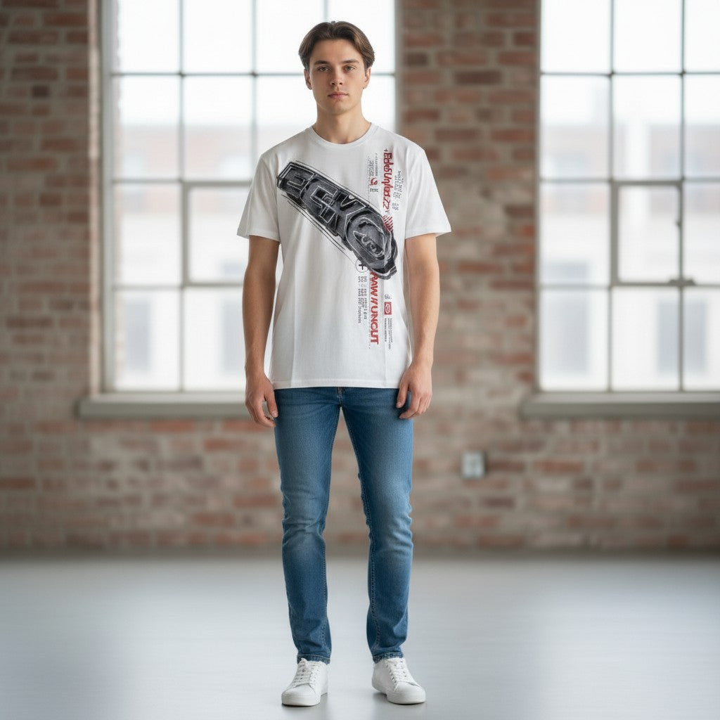 Throwback Rack white Ecko UNTLD Y2K graphic t-shirt with bold design and text details. Model wearing jeans and sneakers.