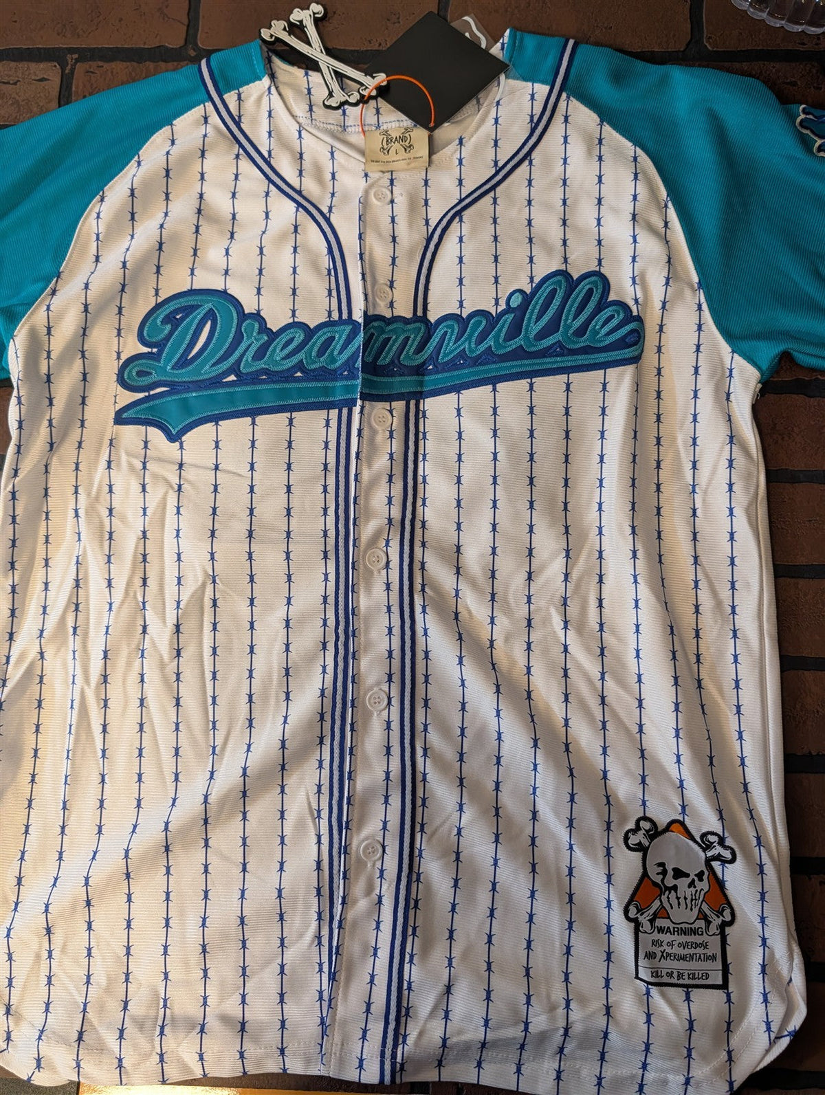 DREAMVILLE Barbed Wire Turquoise Brand X White Baseball Jersey