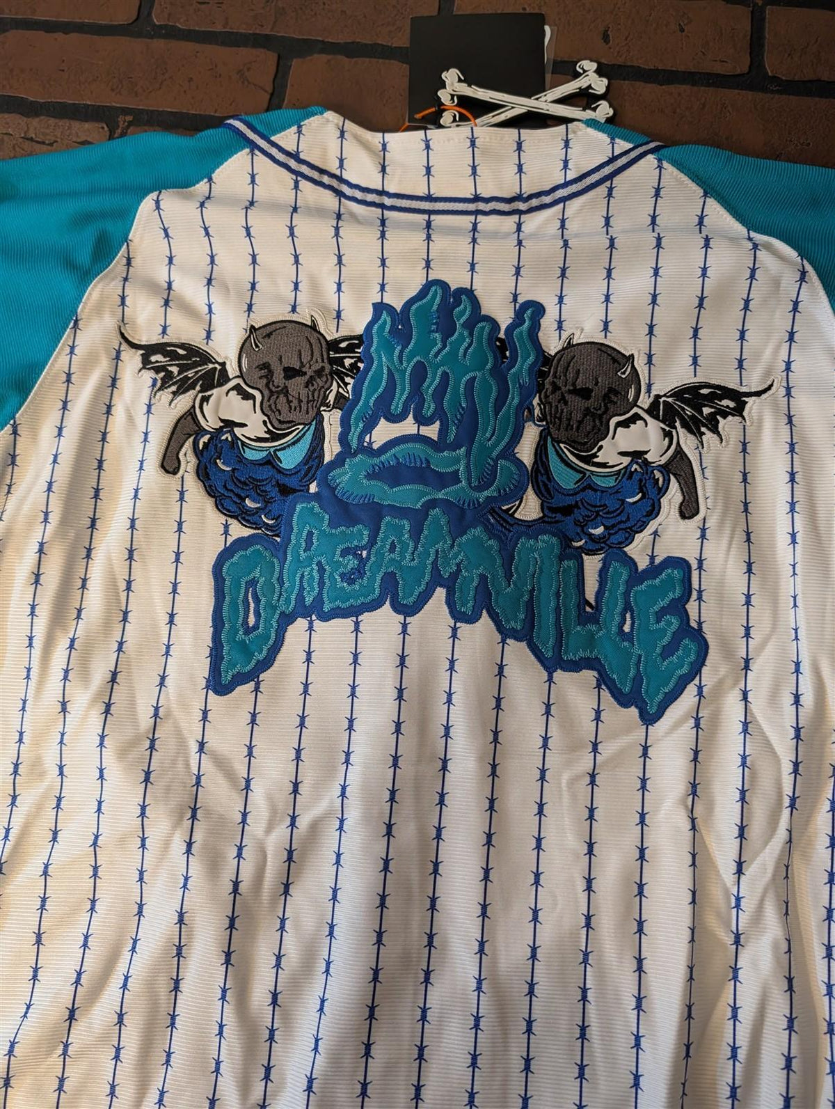 DREAMVILLE Barbed Wire Turquoise Brand X White Baseball Jersey