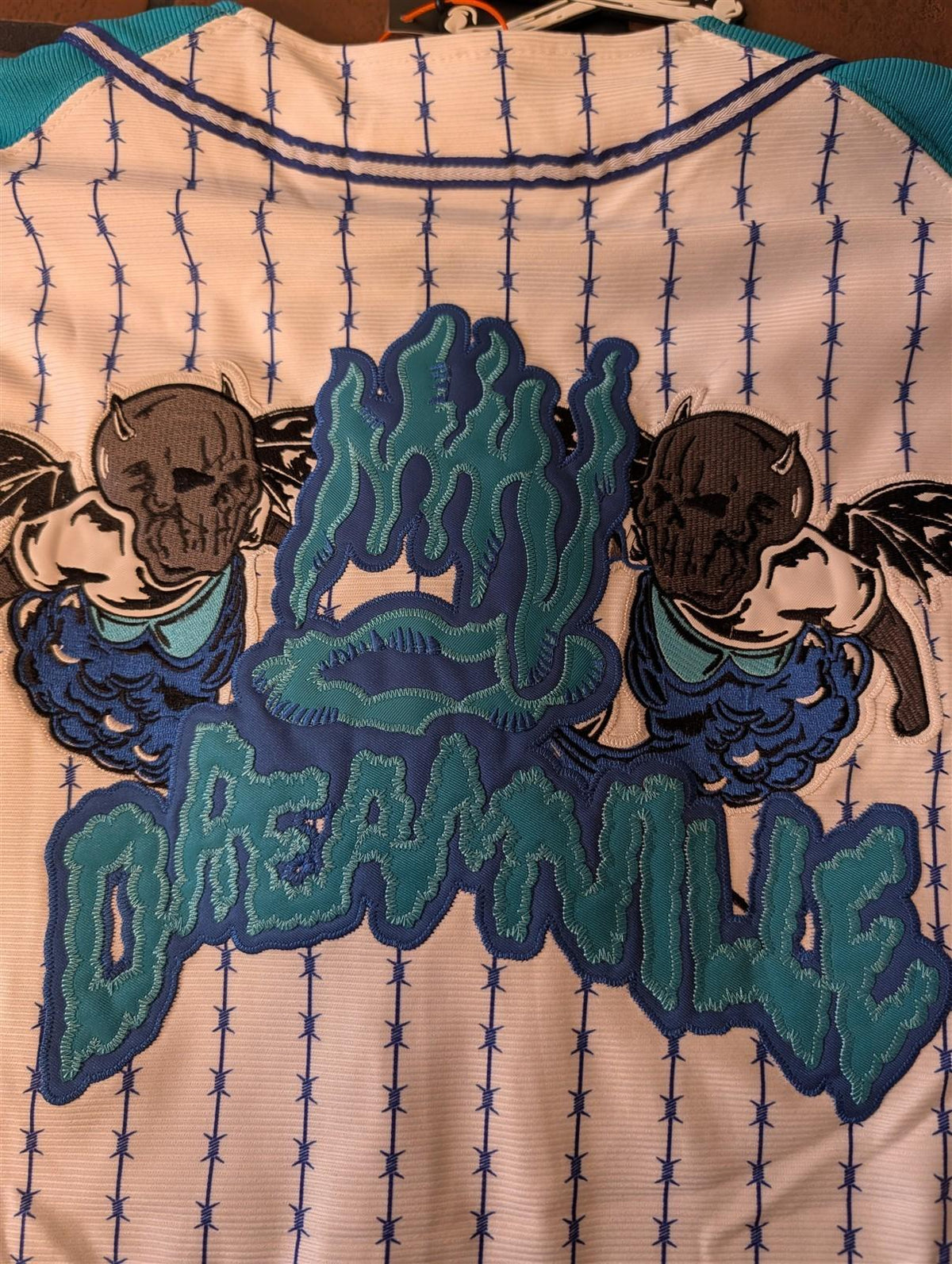 DREAMVILLE Barbed Wire Turquoise Brand X White Baseball Jersey