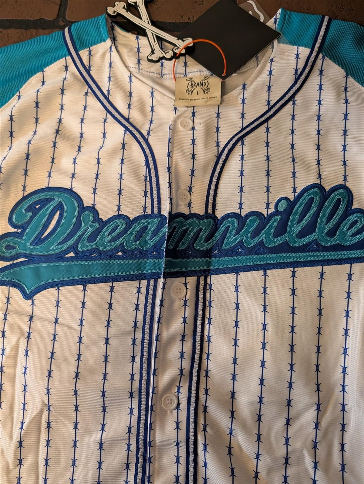 DREAMVILLE Barbed Wire Turquoise Brand X White Baseball Jersey