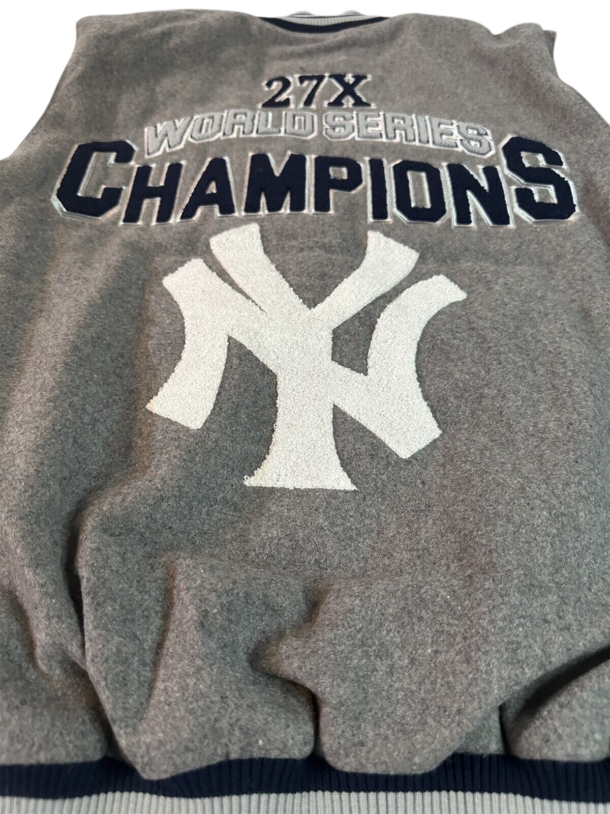 Throwback Rack New York Yankees 27X World Series championship varsity jacket in grey twill with embroidered team logo