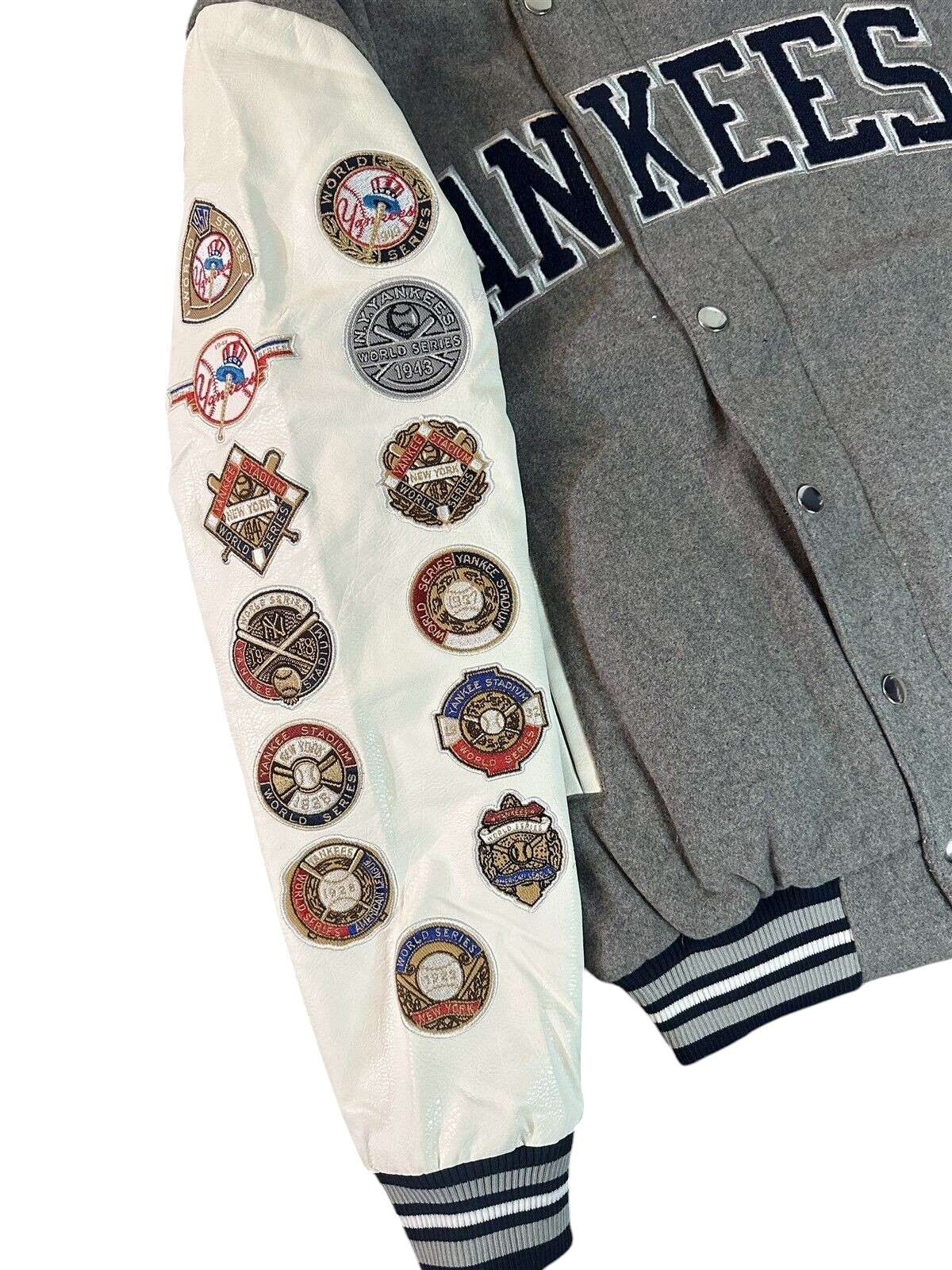Throwback Rack New York Yankees G-III varsity jacket featuring white faux leather sleeves with championship patches