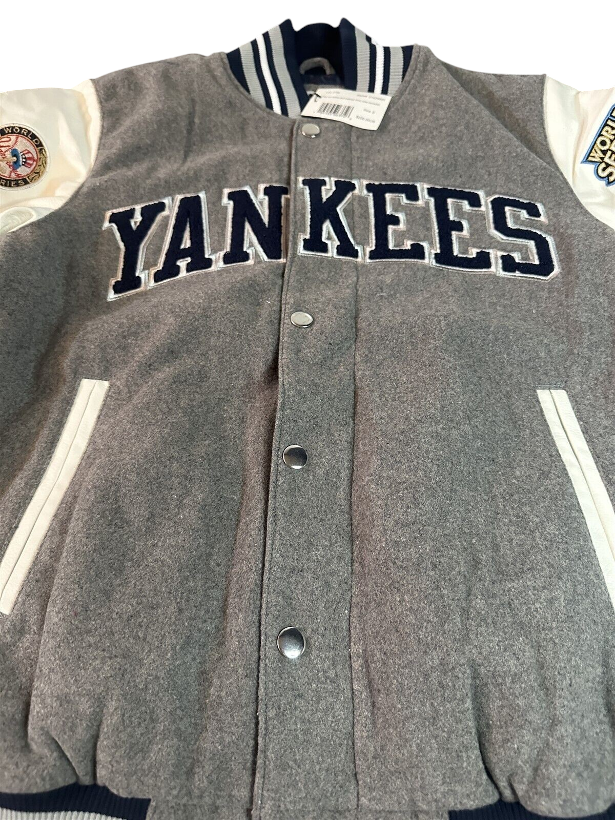Throwback Rack New York Yankees G-III varsity jacket in grey twill with white faux leather sleeves and team patches