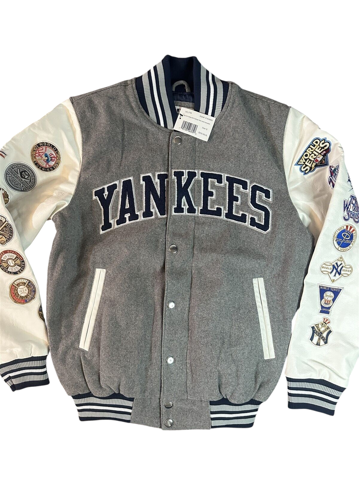 Throwback Rack New York Yankees G-III varsity jacket in grey twill with white faux leather sleeves and championship patches