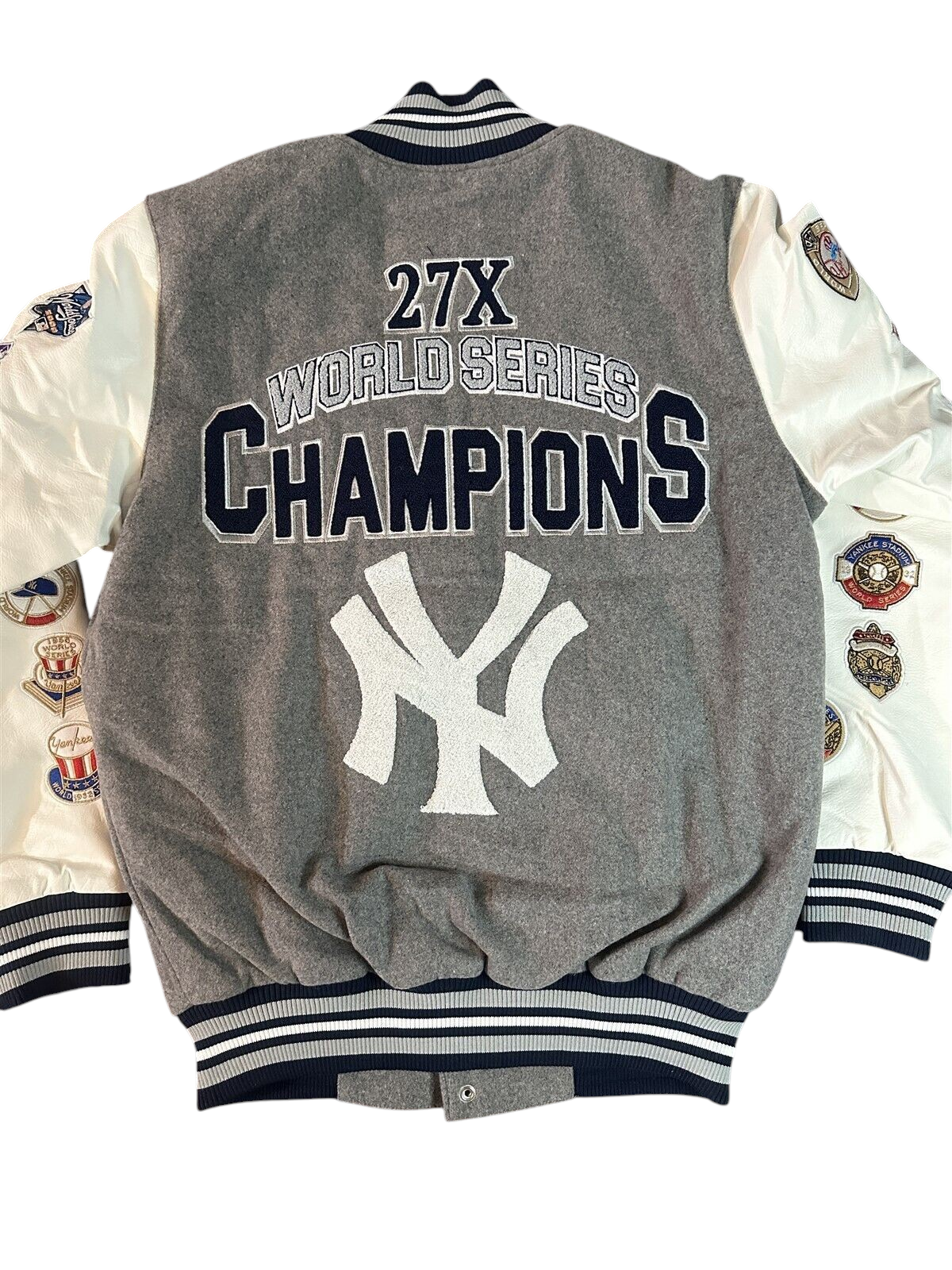 Throwback Rack New York Yankees 27X World Series varsity jacket with grey twill body and white faux leather sleeves