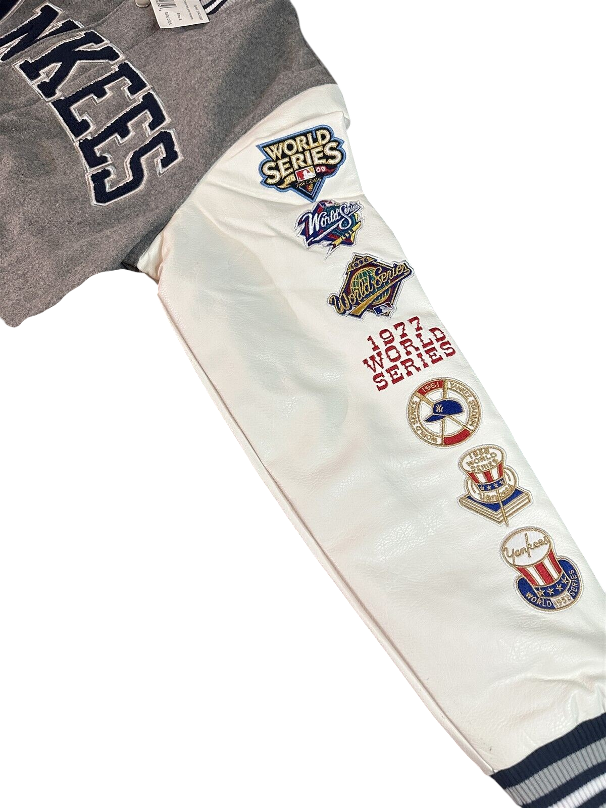 Throwback Rack New York Yankees varsity jacket with white faux leather sleeves and championship patches