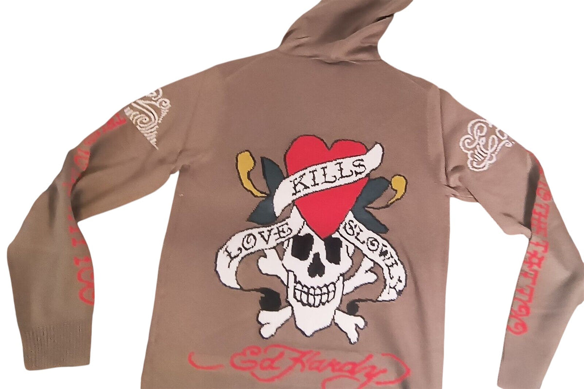 ED HARDY -Christian Audigier Love Kills Slowly Zip-Up Heather Sweater ~VTG~M-2XL