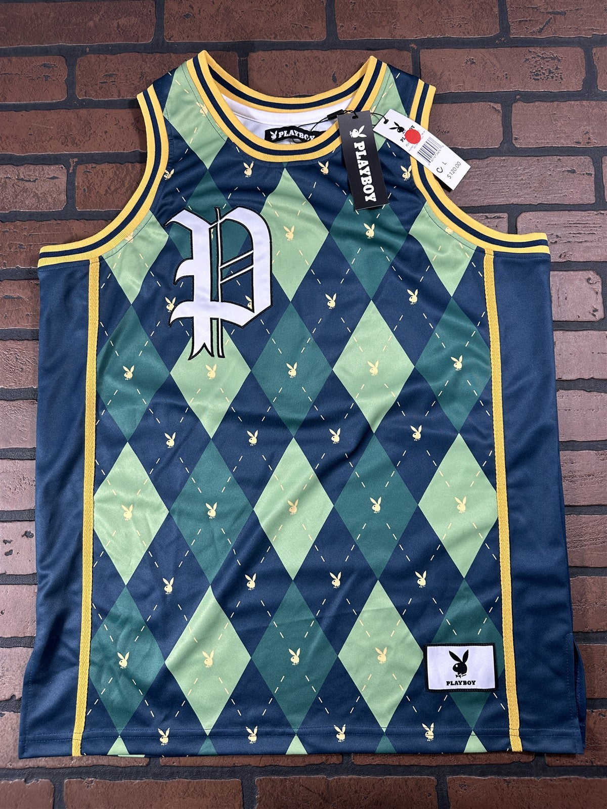 PLAYBOY BUNNY Green Argyle Headgear Classics Basketball Jersey
