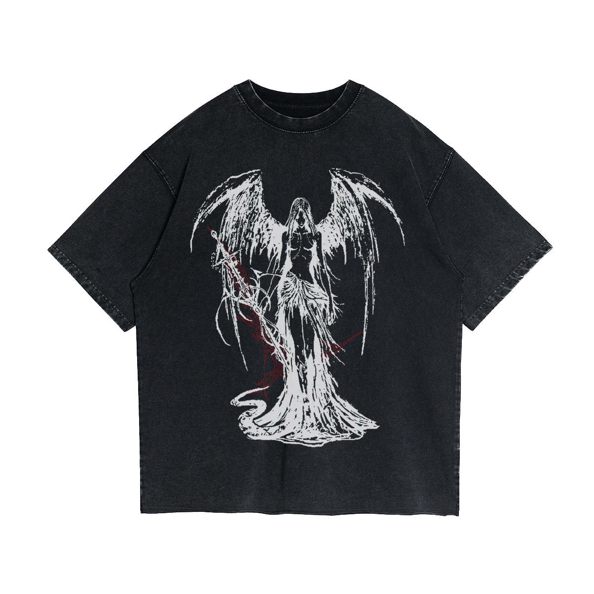 Fallen Angel Garment Dyed Streetwear Tee 260GSM Black Cotton With Faded Raw Hem