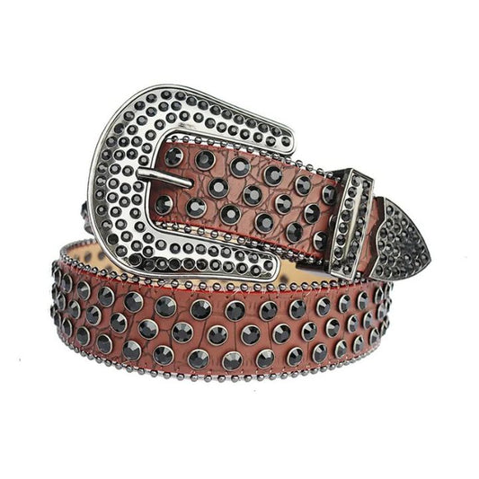 Black Rhinestone Belt with Brown Textured Strap