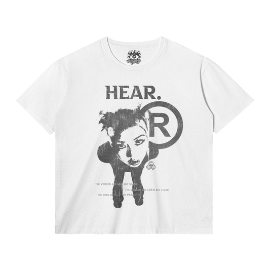HEAR Streetwear Tee White Cotton T Shirt Classic Fit 180 GSM DTG Print