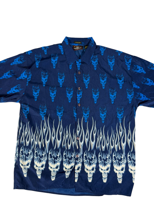 No Contest Blue Flaming Skulls Button Up Shirt