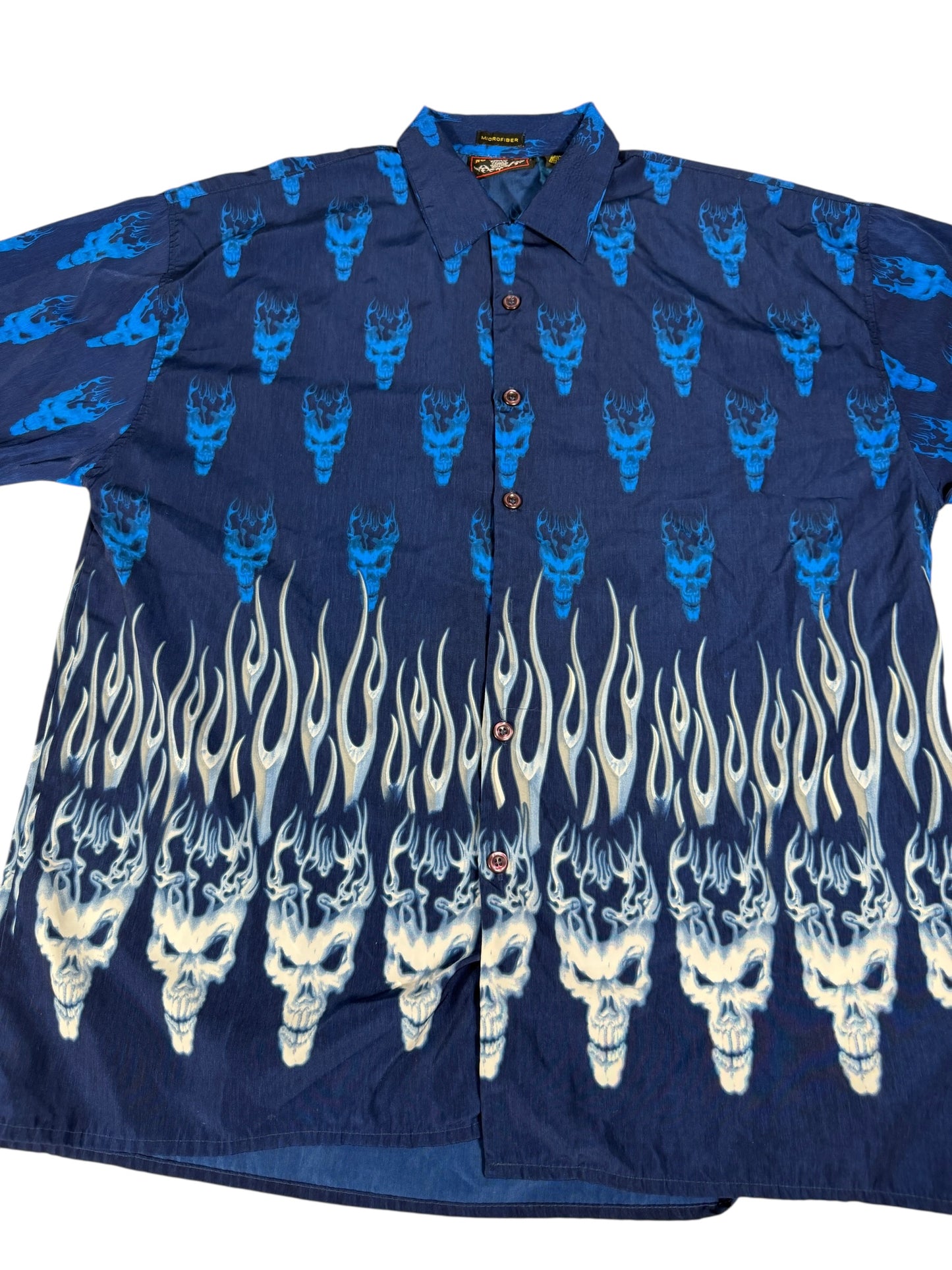 No Contest Blue Flaming Skulls Button Up Shirt
