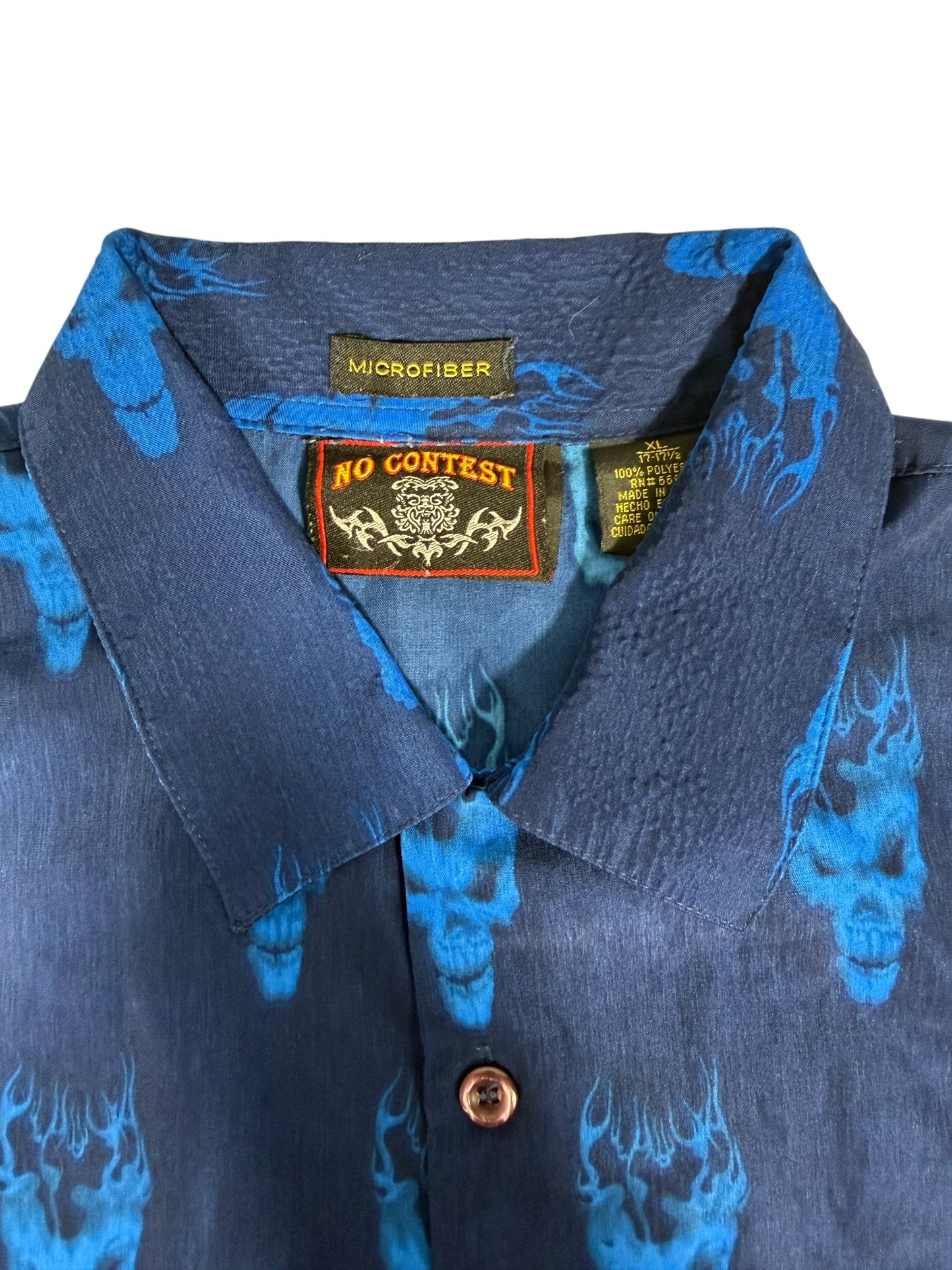 No Contest Blue Flaming Skulls Button Up Shirt